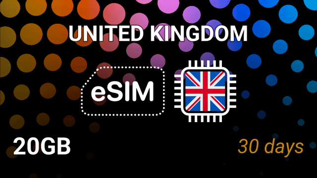eSIM United Kingdom — 20GB, 30 days, 5G, Vodafone, O2, 3