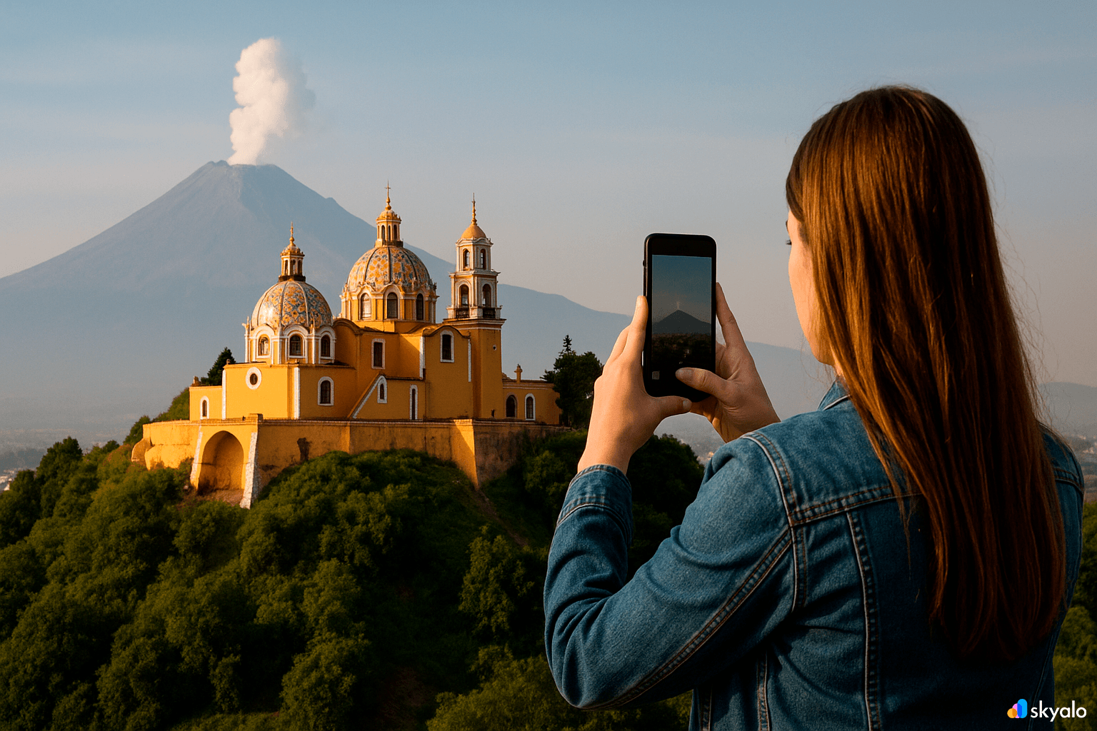 Hill of Cholula with its church; Popo on the horizon and Puebla’s colorful façades