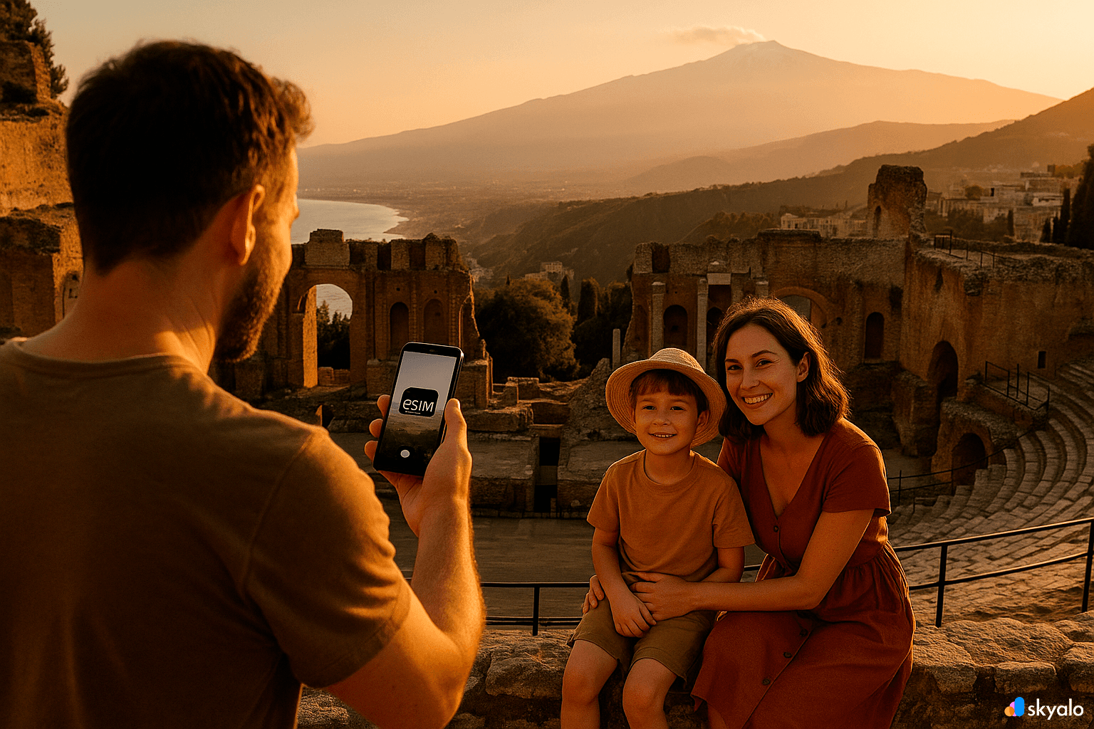  Family selfie in Taormina — photos fly to friends via Skyalo eSIM