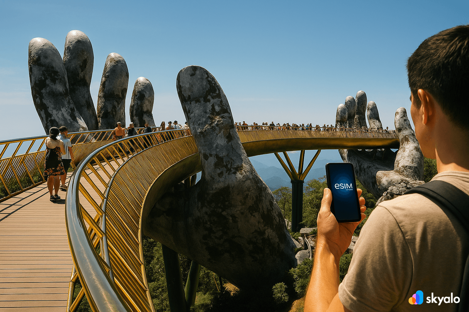 Golden Bridge in Ba Na Hills, traveler with eSIM instantly uploading panoramic shots to social media