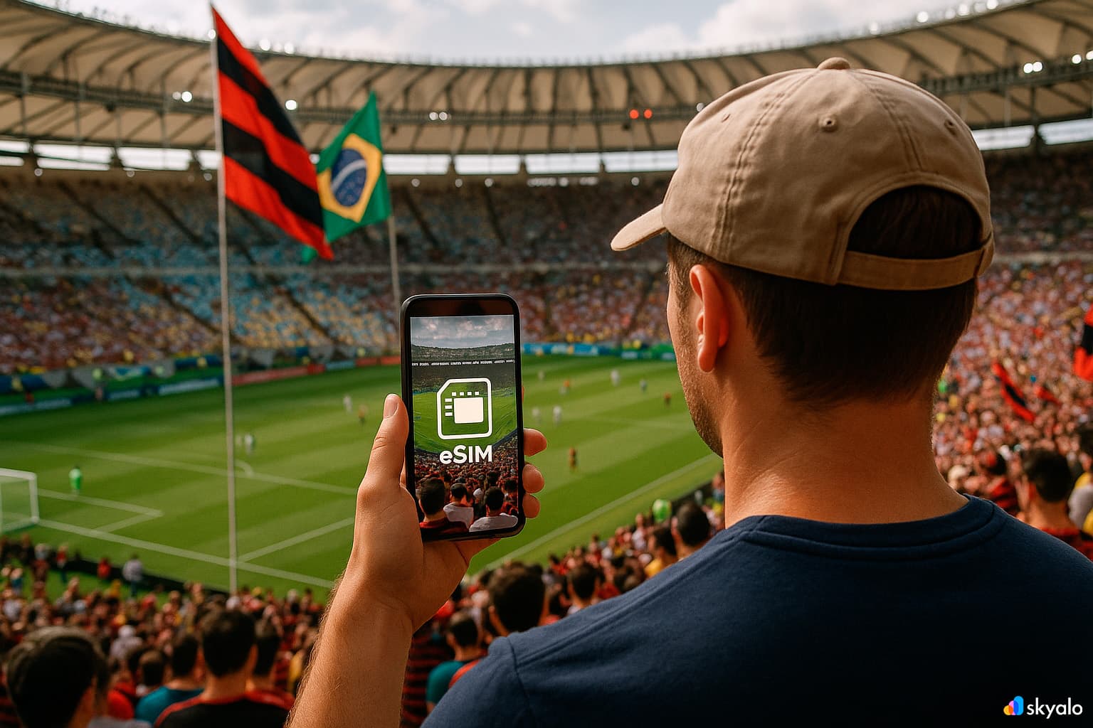Tourist live-streaming a match at Maracanã with Skyalo eSIM internet