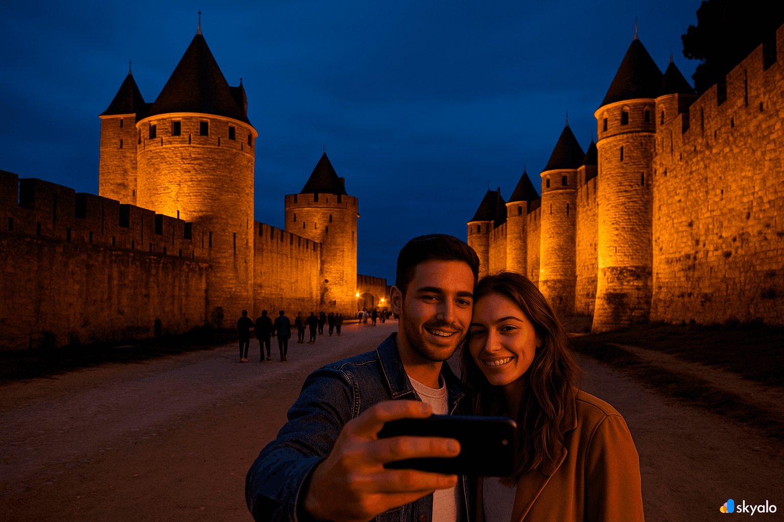 Carcassonne fortress illuminated at night with tourists nearby
