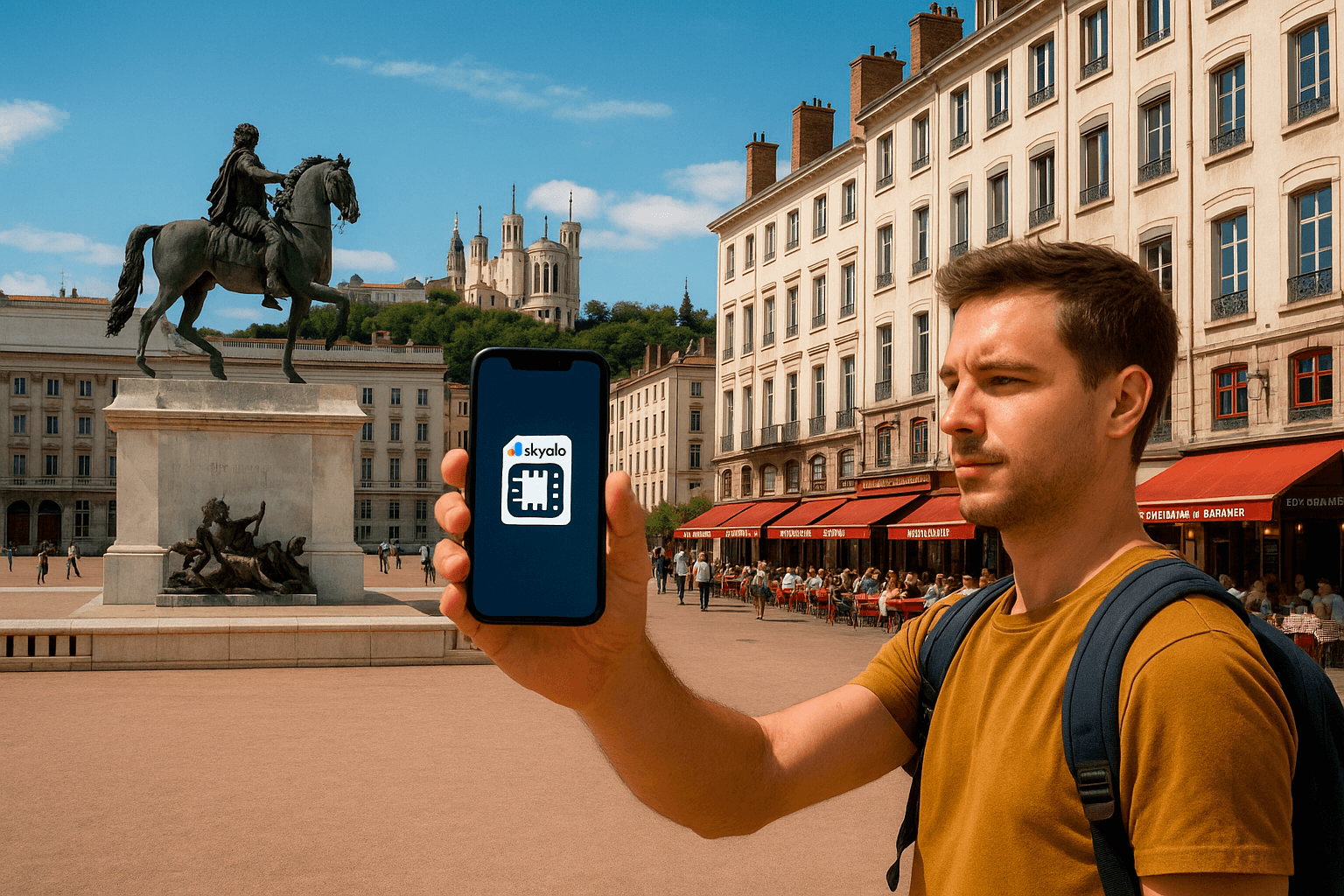 Central Lyon with tourists and a smartphone using eSIM from Skyalo
