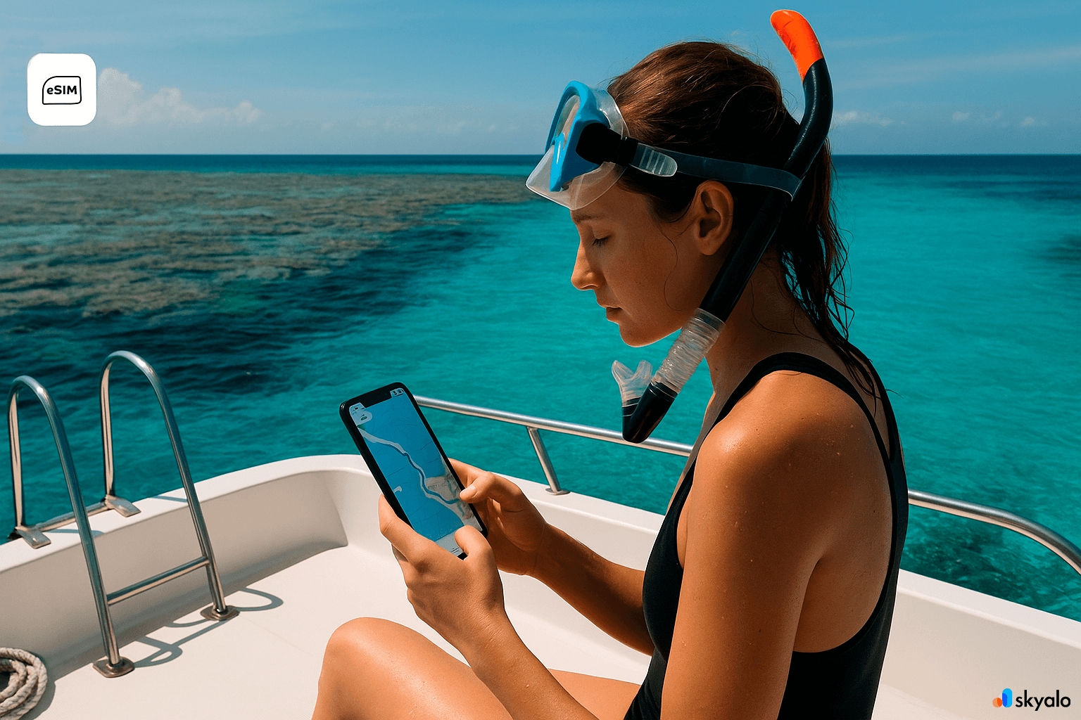 On a boat at the Great Barrier Reef; online even offshore with Skyalo eSIM, azure water and corals all around