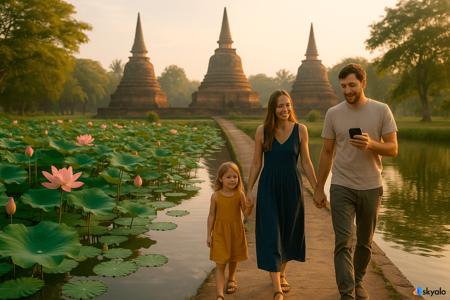 A family admires ancient stupas — the slow rhythm of Sukhothai
