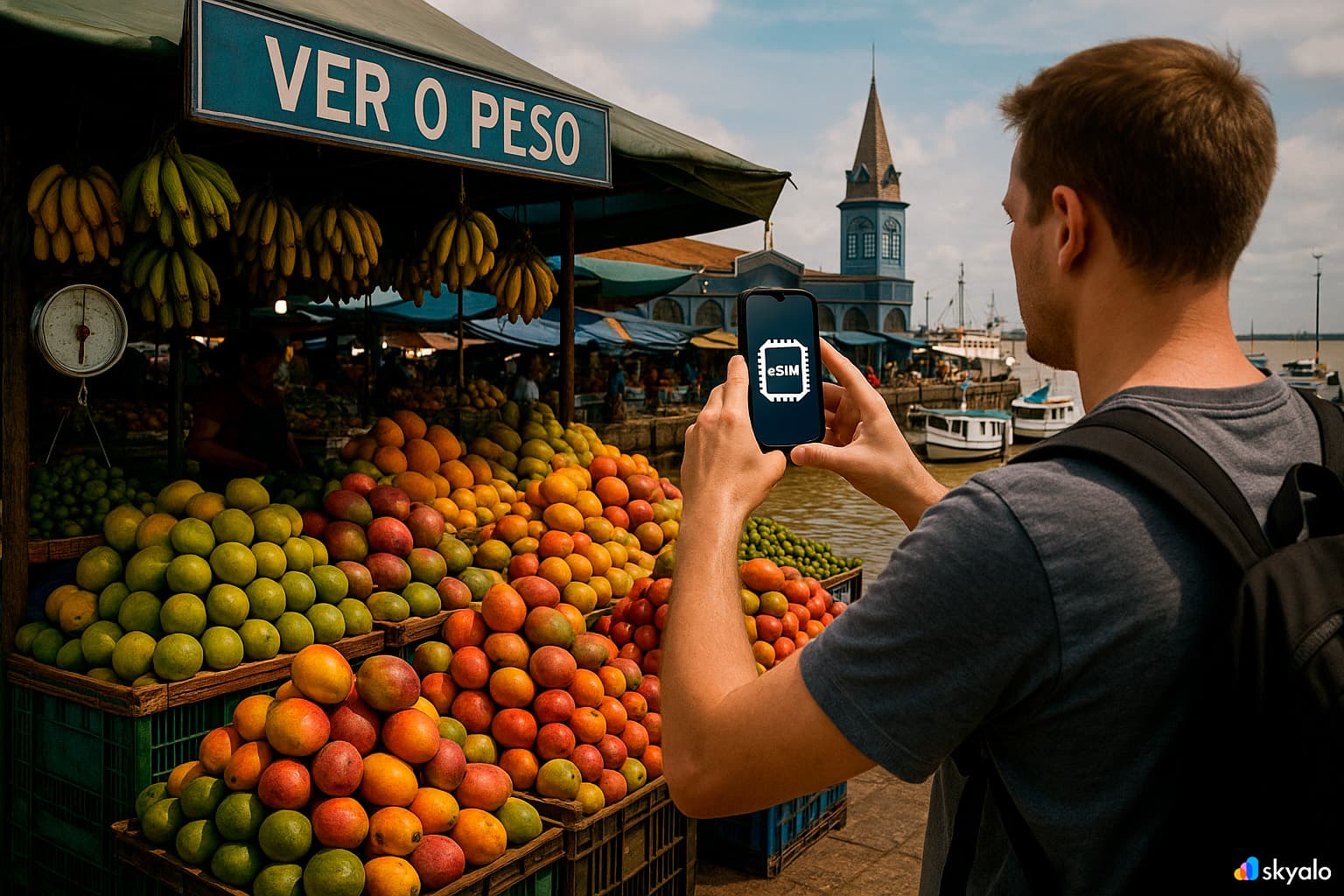 Tourist photographing Ver-o-Peso market in Belém, smartphone with Skyalo eSIM in hand