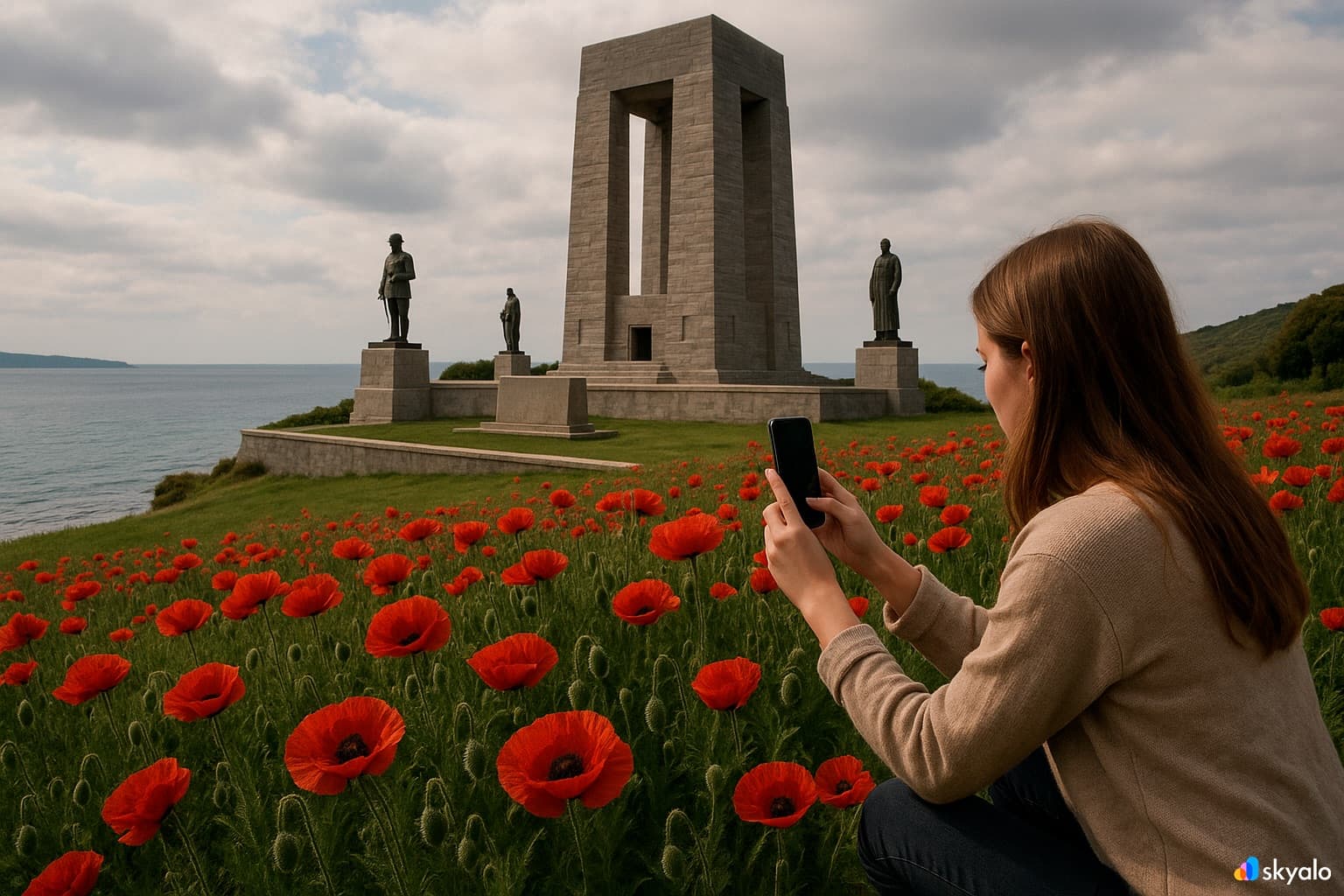 Девушка фотографирует маки у мемориала Галлиполи у моря.