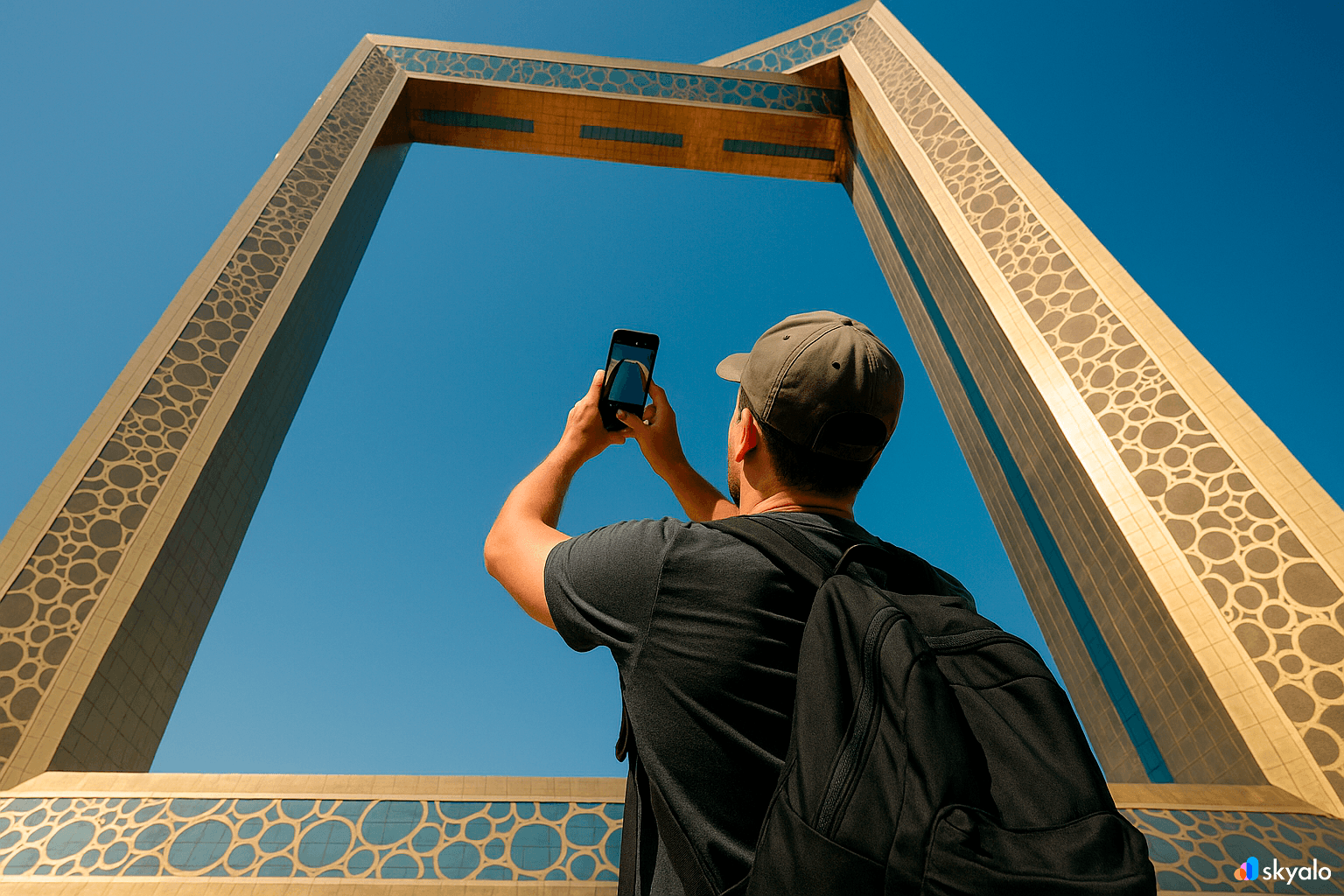 A tourist is photographing the Dubai Frame from below