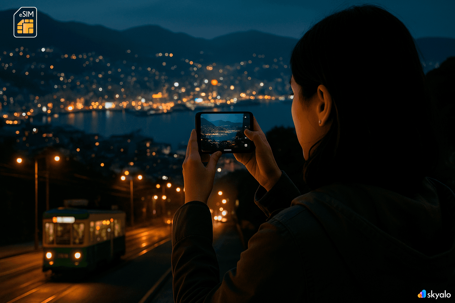 Night lights over Nagasaki Bay; smartphone with eSIM active, trams and hillside homes below