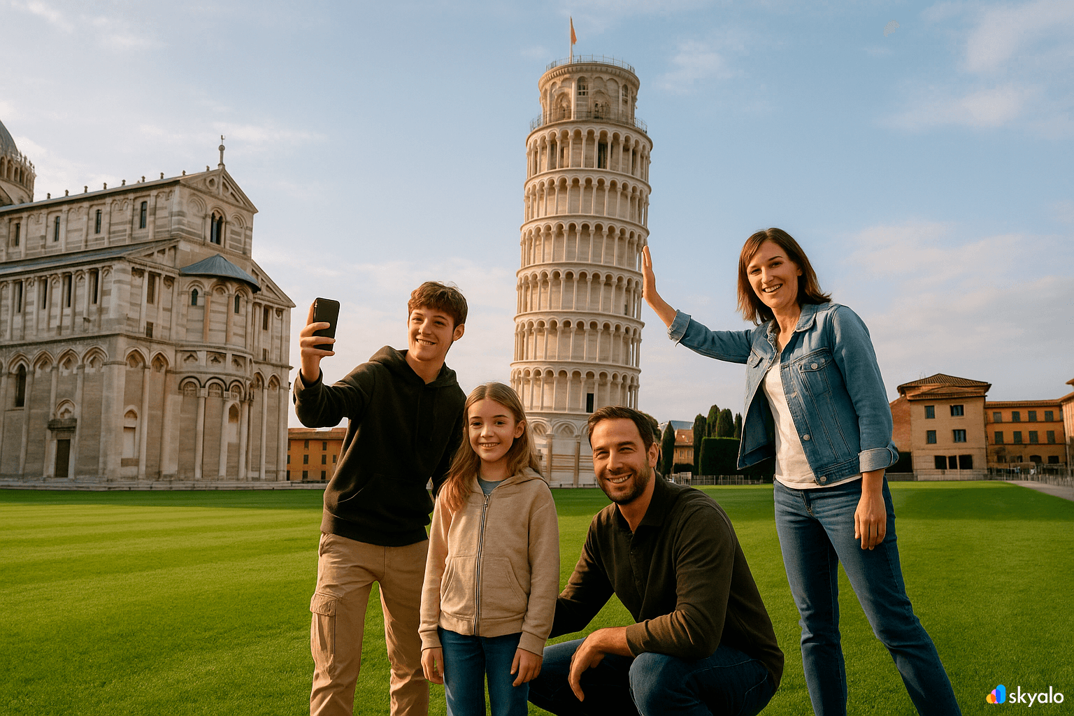 Family photo by the Leaning Tower — early morning, almost no crowds