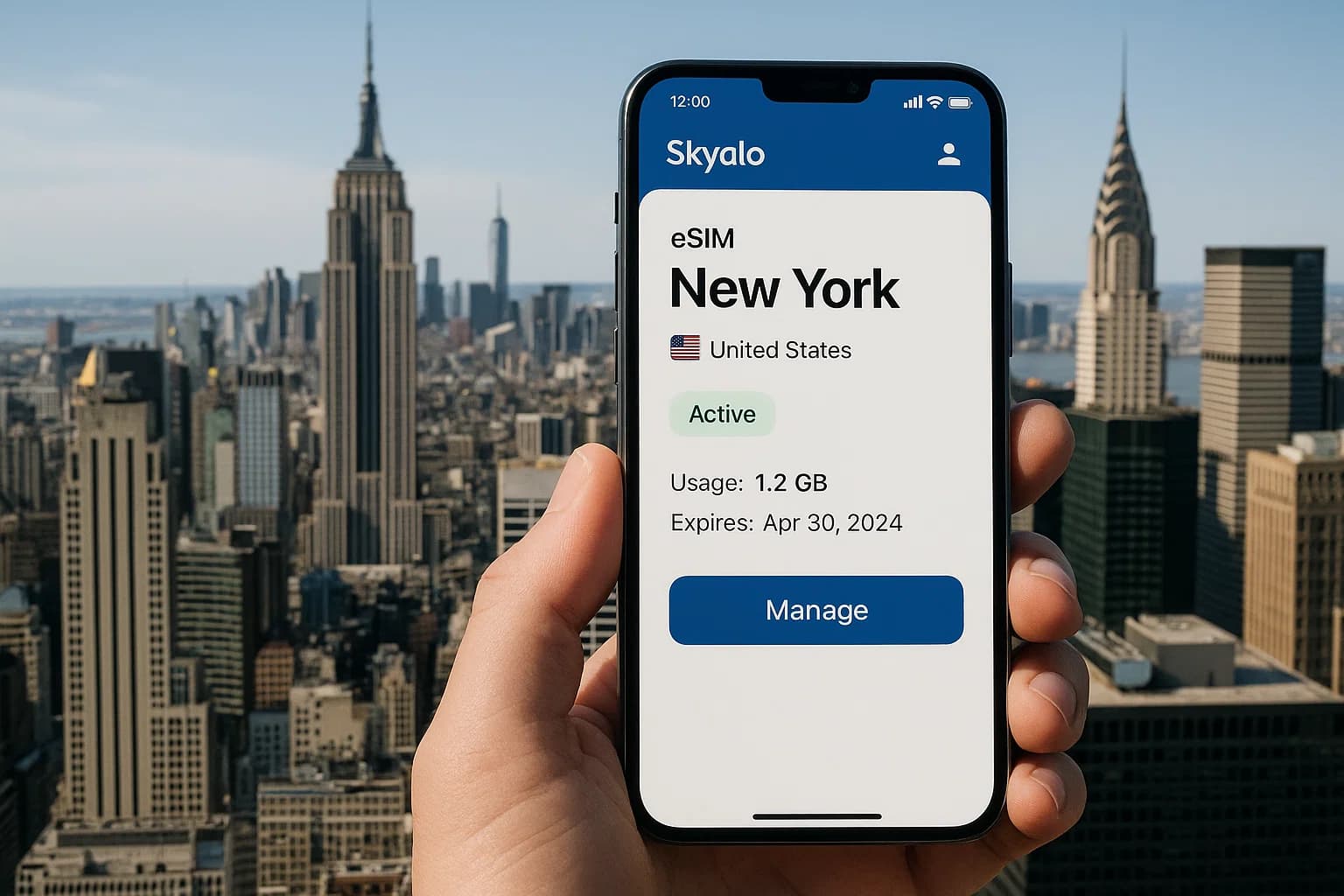 Подключение к eSIM в США — мгновенно, через приложение Skyalo.