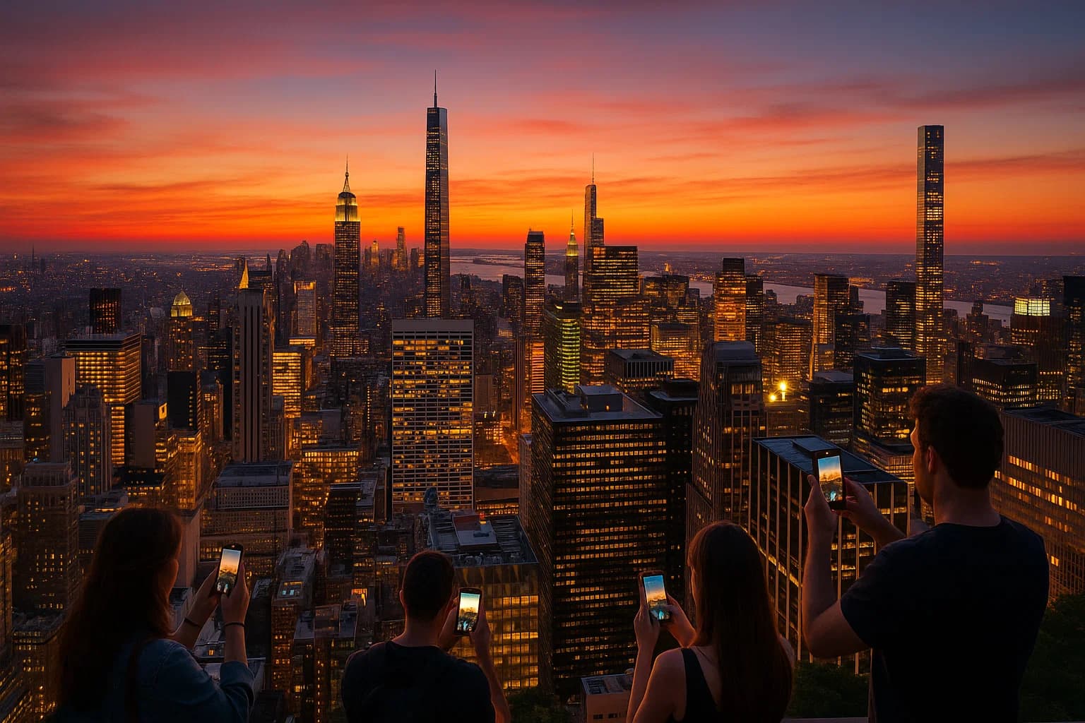 New York skyline at sunset with eSIM users