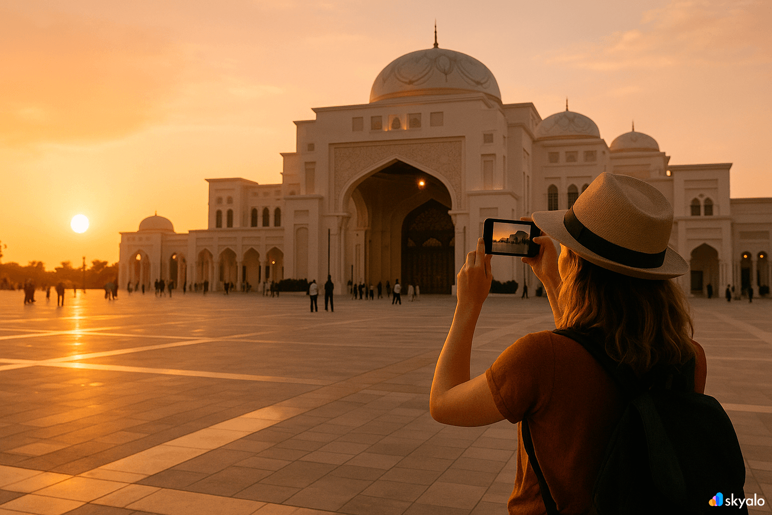 A traveler is filming the sunset at the Presidential Palace in Abu Dhabi