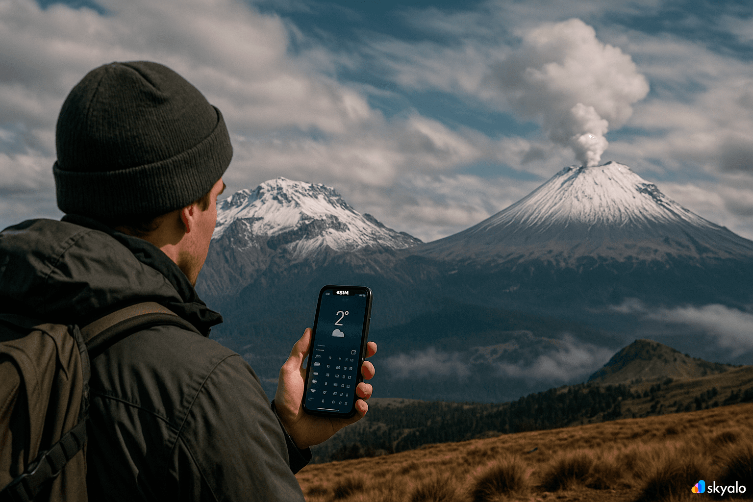 Popocatépetl and Iztaccíhuatl from a lookout; always up-to-date forecast on a phone with eSIM, clouds racing over snow