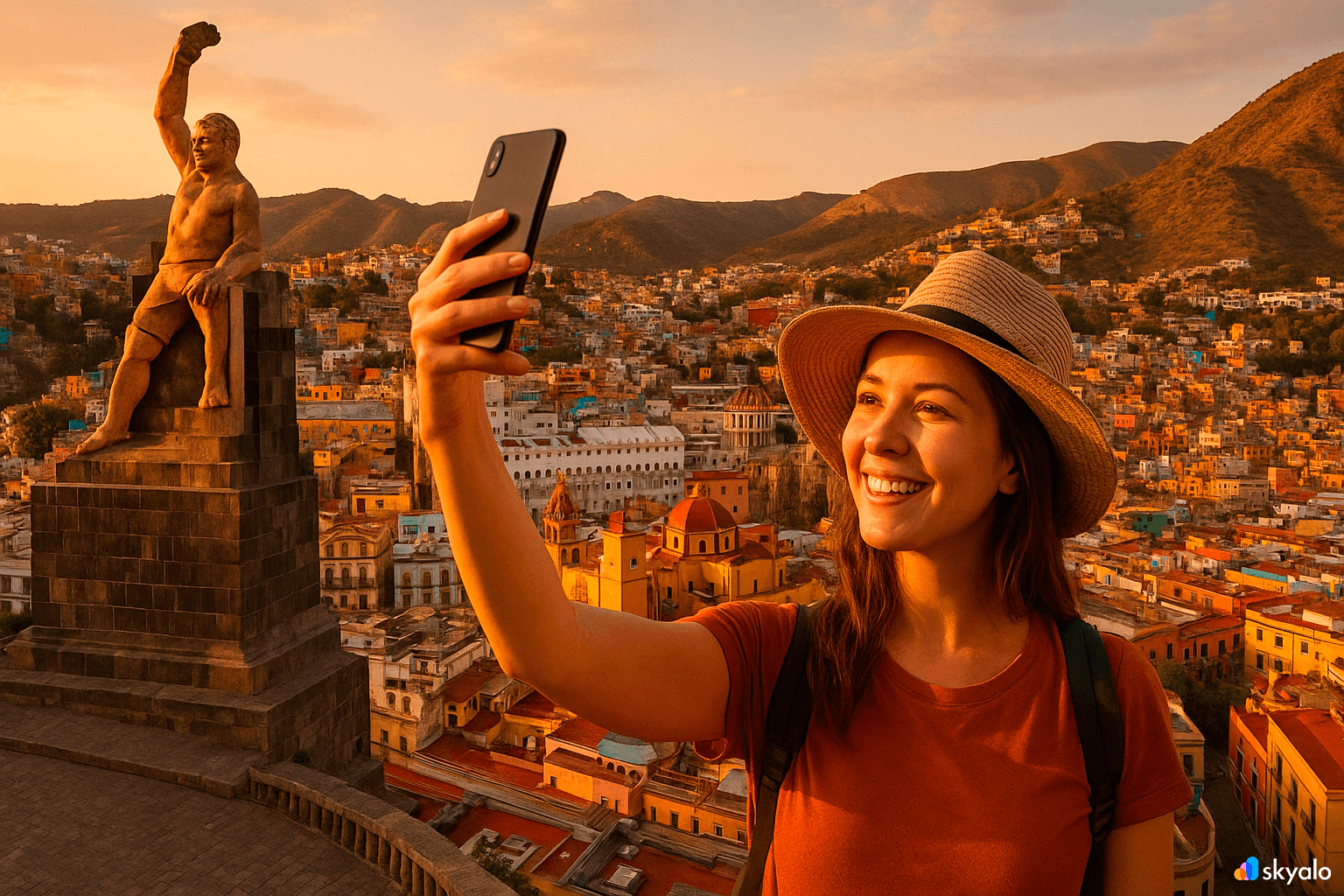 Evening selfie above Guanajuato; multicolored houses and the golden hour glow