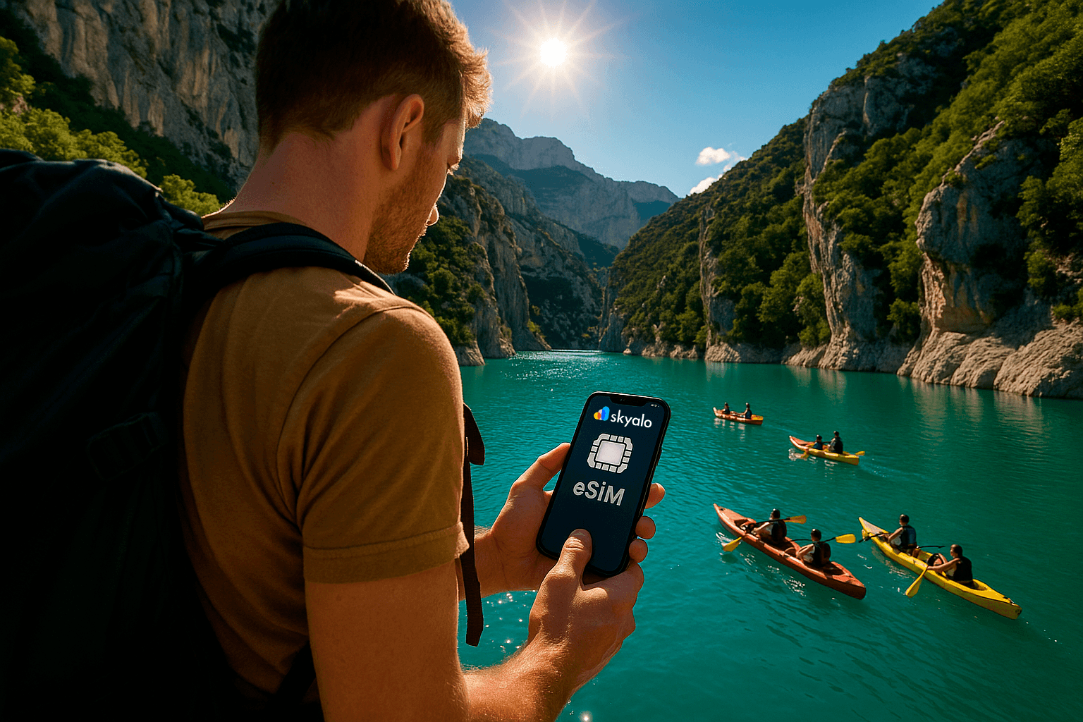 Gorges du Verdon canyon with kayakers and hiker using eSIM