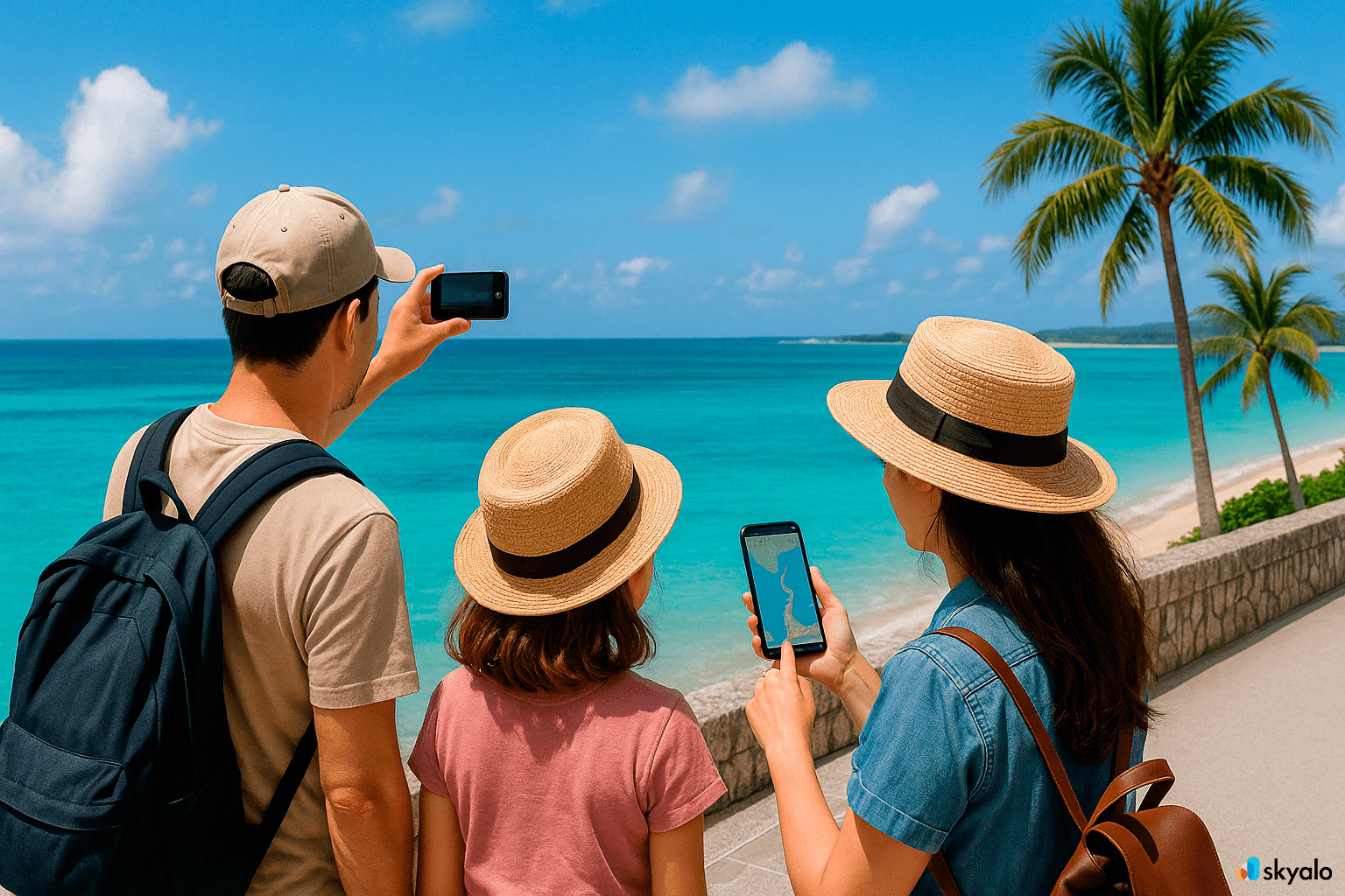 Family photographing Okinawa’s Churaumi coastline; turquoise waters, palm trees, and beach routes on their phone