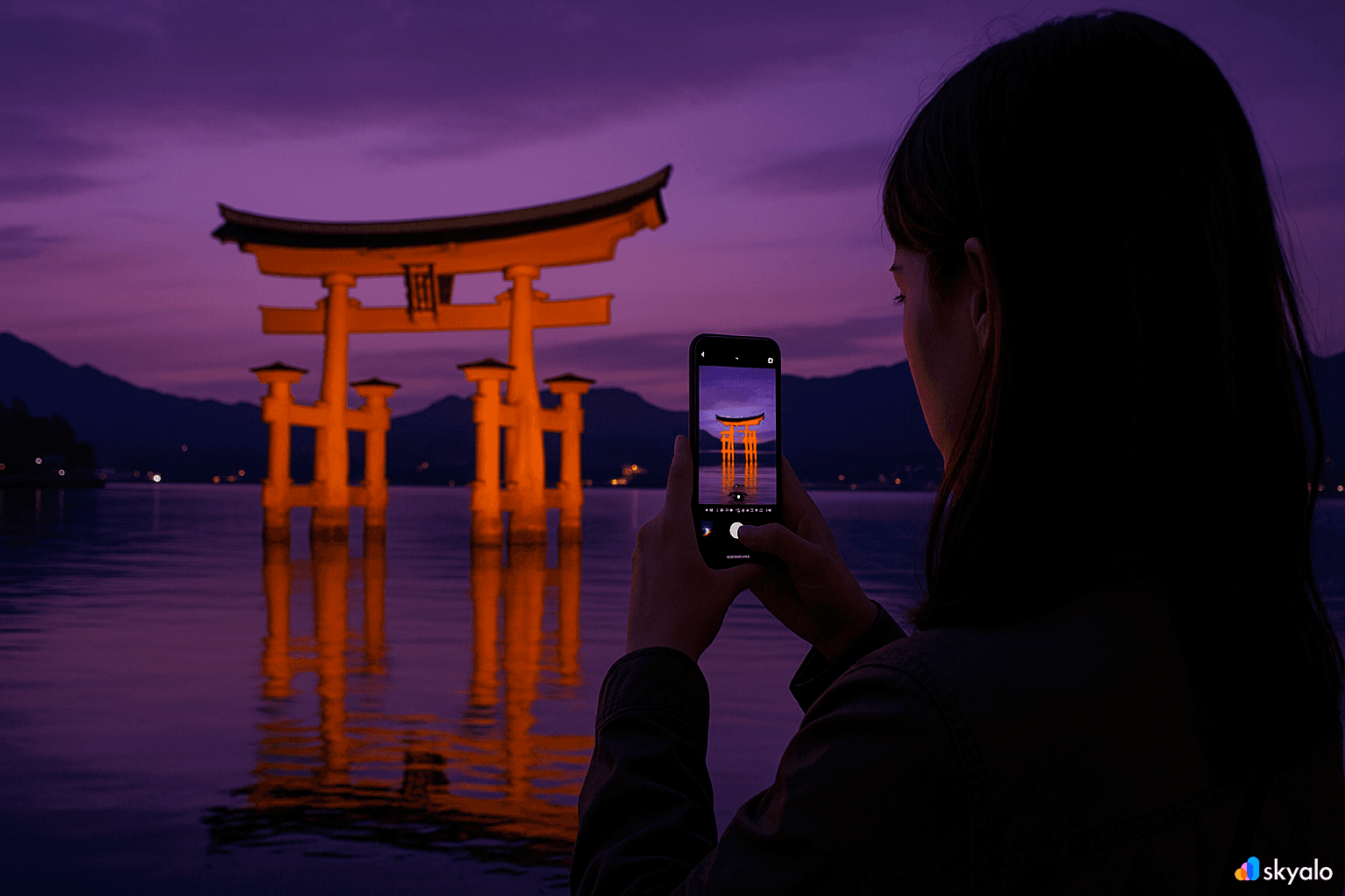 Itsukushima’s floating torii at high tide; purple sunset mirrored in the water, shrine lights twinkling