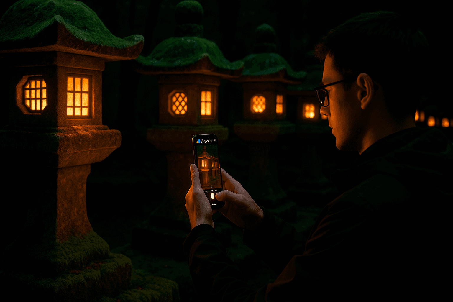 Mossy stone lanterns at Kasuga Shrine; smartphone with Skyalo eSIM glowing in the twilight