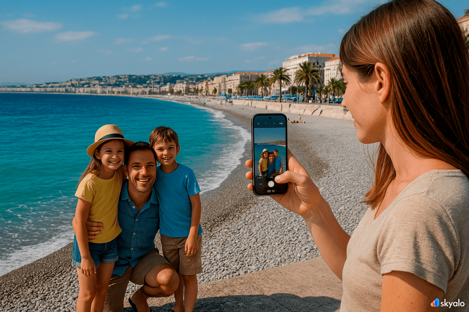 Nice and French Riviera beach with tourists and a smartphone using eSIM