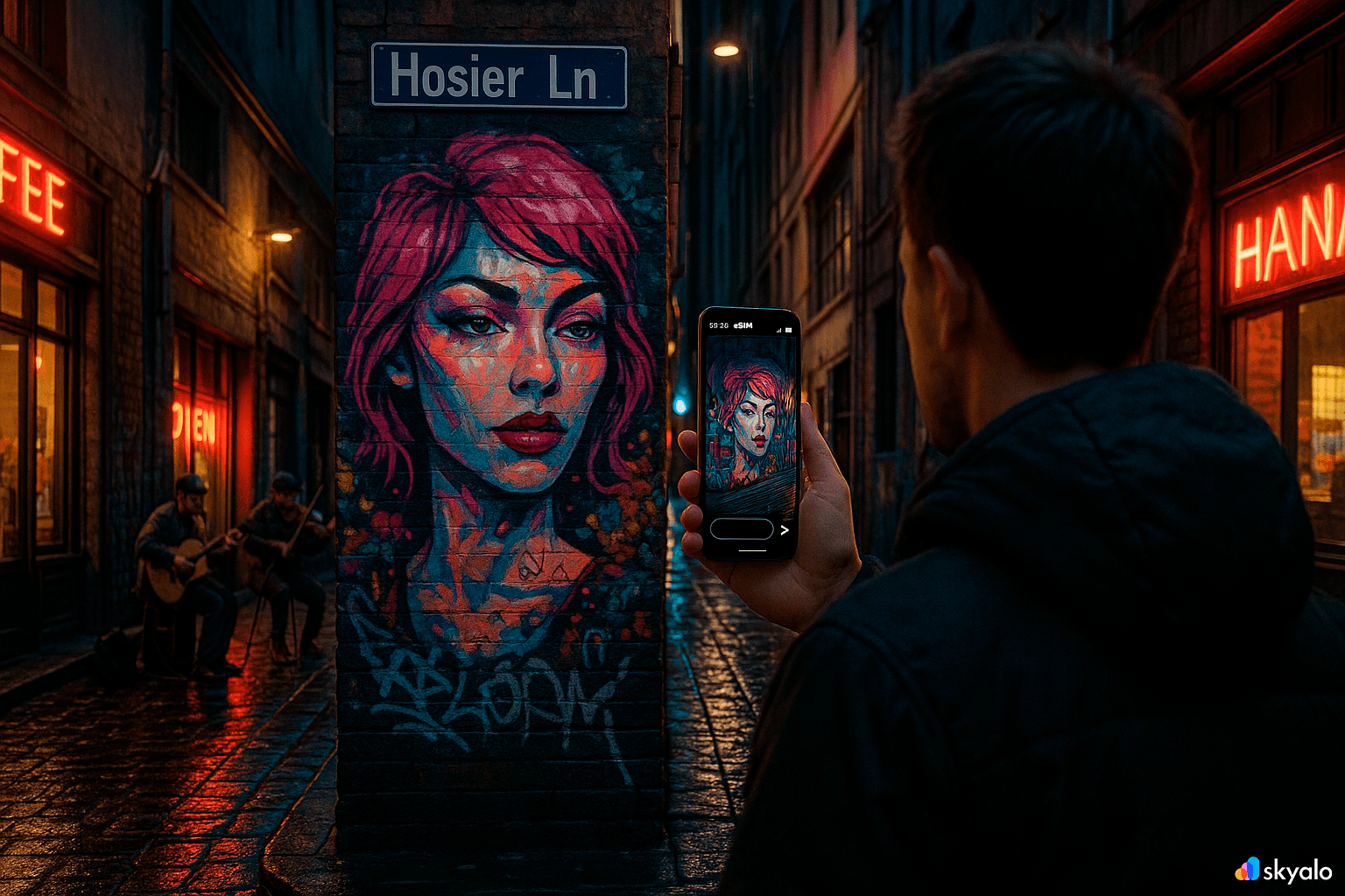Tourist photographing street art in Melbourne’s laneways; posting a story thanks to Skyalo eSIM, wet cobbles and neon