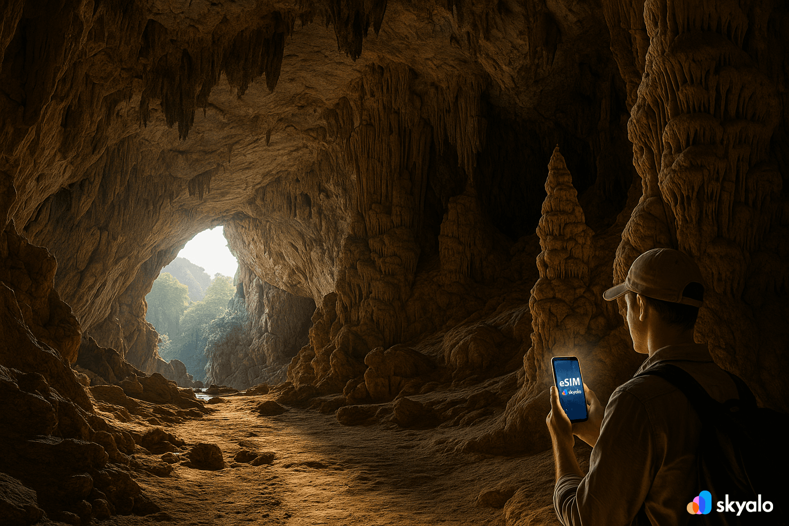 Phong Nha cave interior, traveler with Skyalo eSIM using phone as flashlight and uploading photos