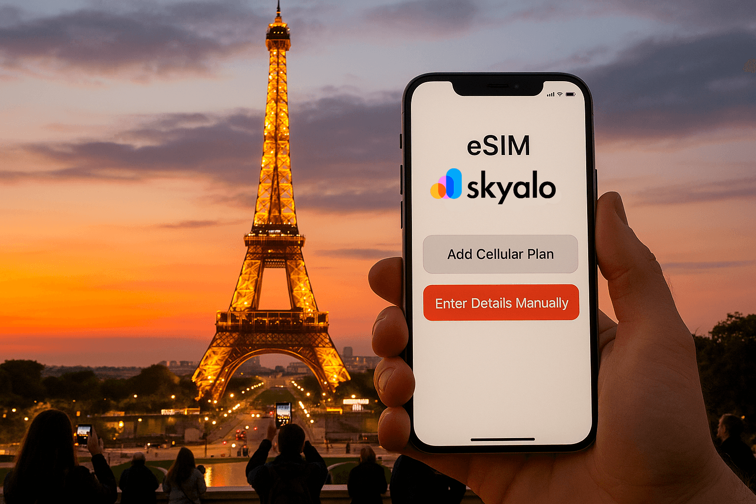 Eiffel Tower in Paris illuminated at night with tourists, eSIM from Skyalo for travelers