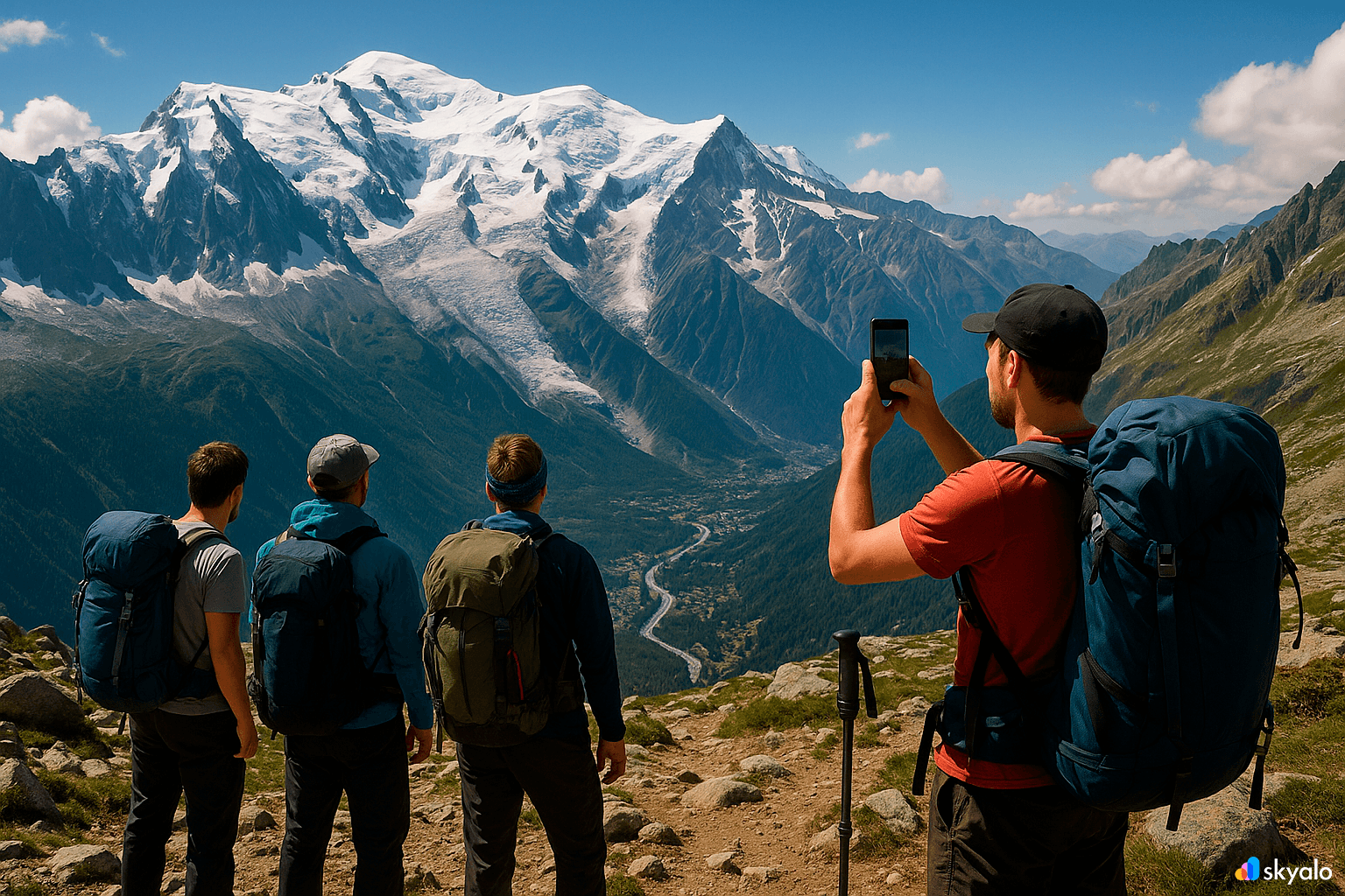 View of Mont Blanc with climbers using Skyalo eSIM in the mountains