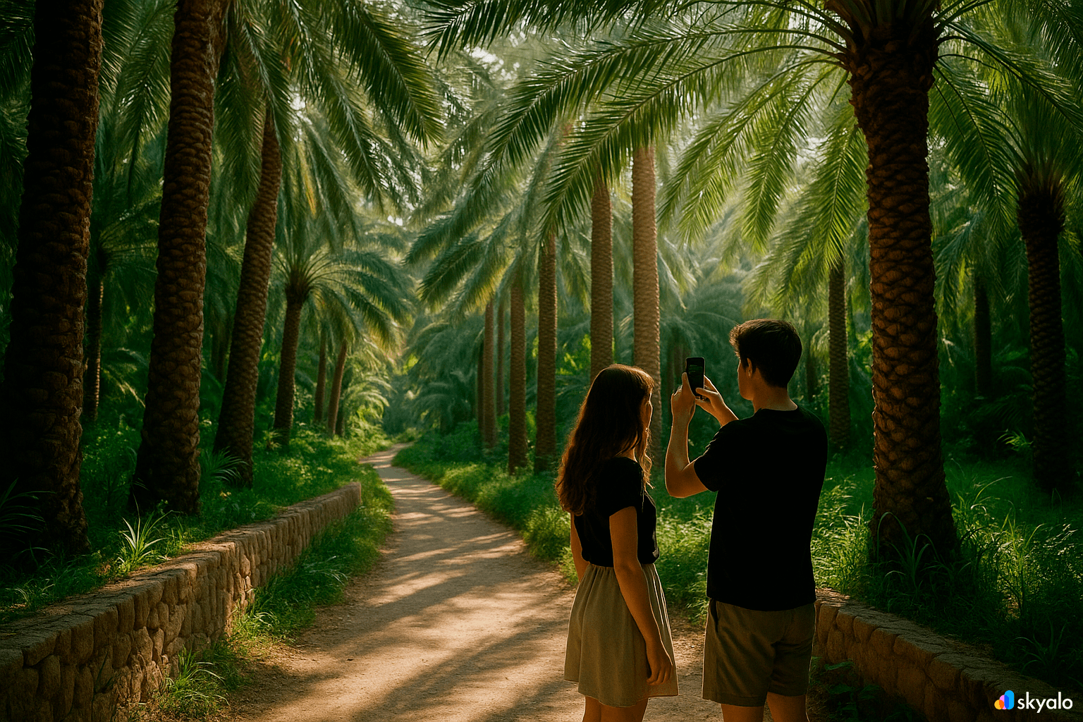 A couple strolls in the oasis — online via Skyalo eSIM