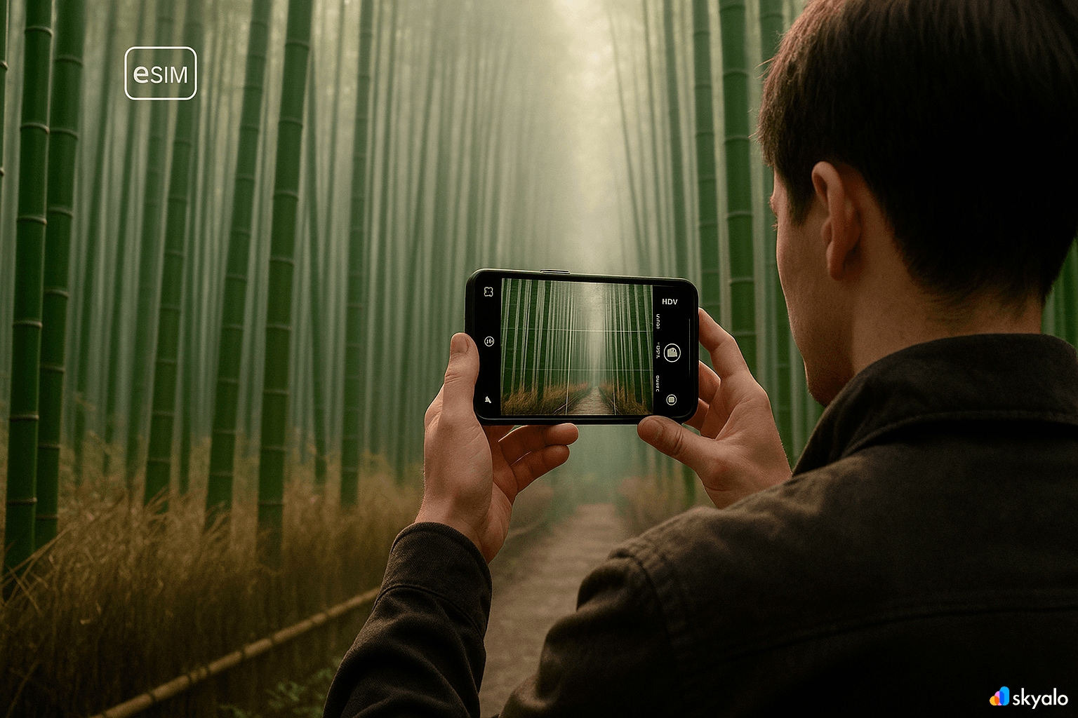 Arashiyama bamboo grove, green stalks rising sky-high, sharing photos instantly via eSIM