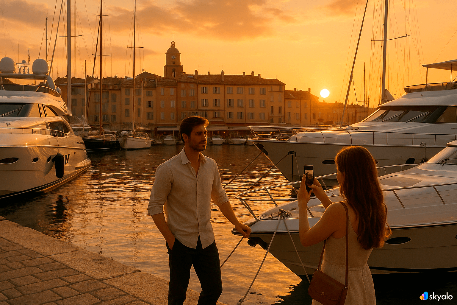 Port of Saint-Tropez with yachts and tourists at sunset