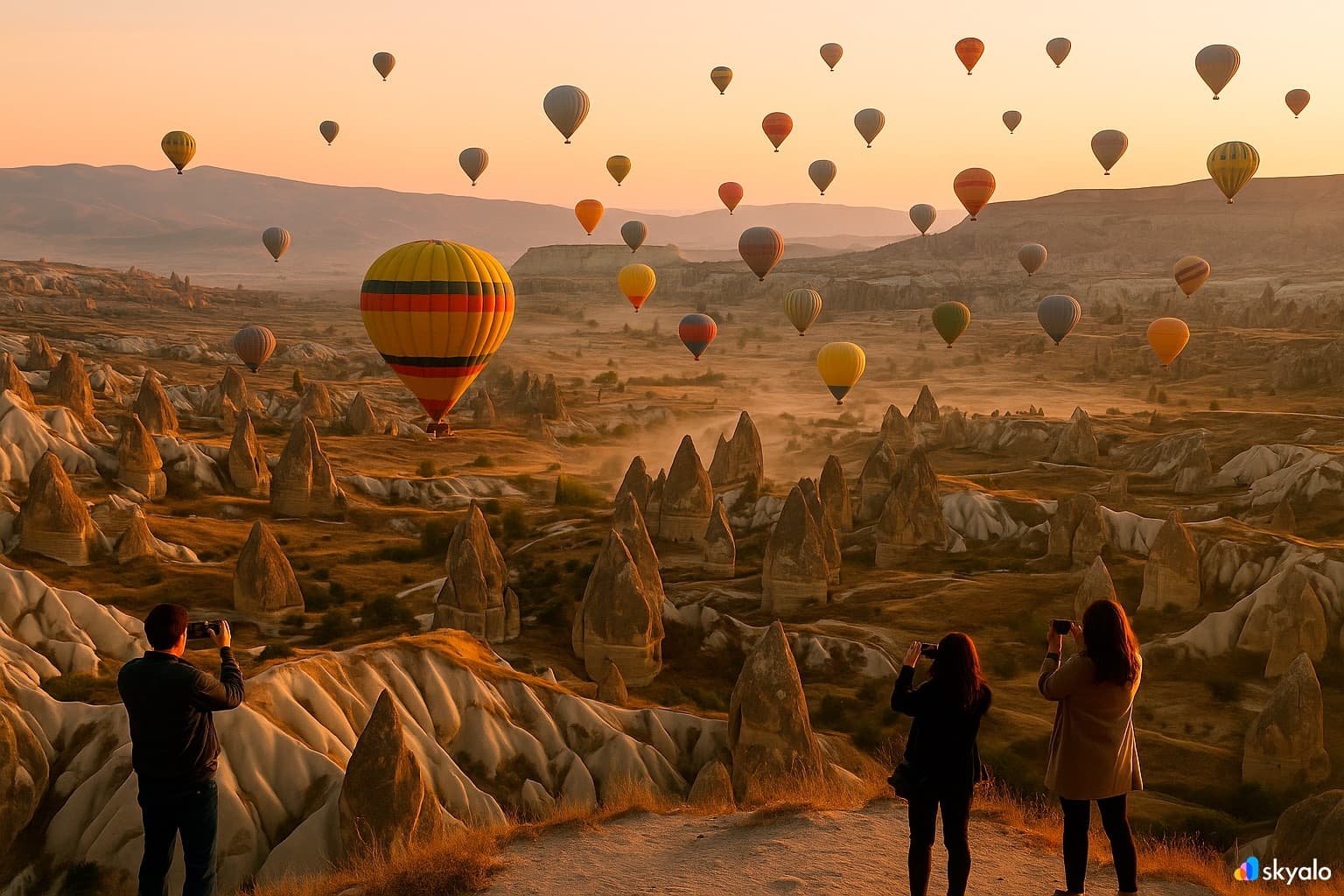 Travelers capturing hot air balloons over Cappadocia