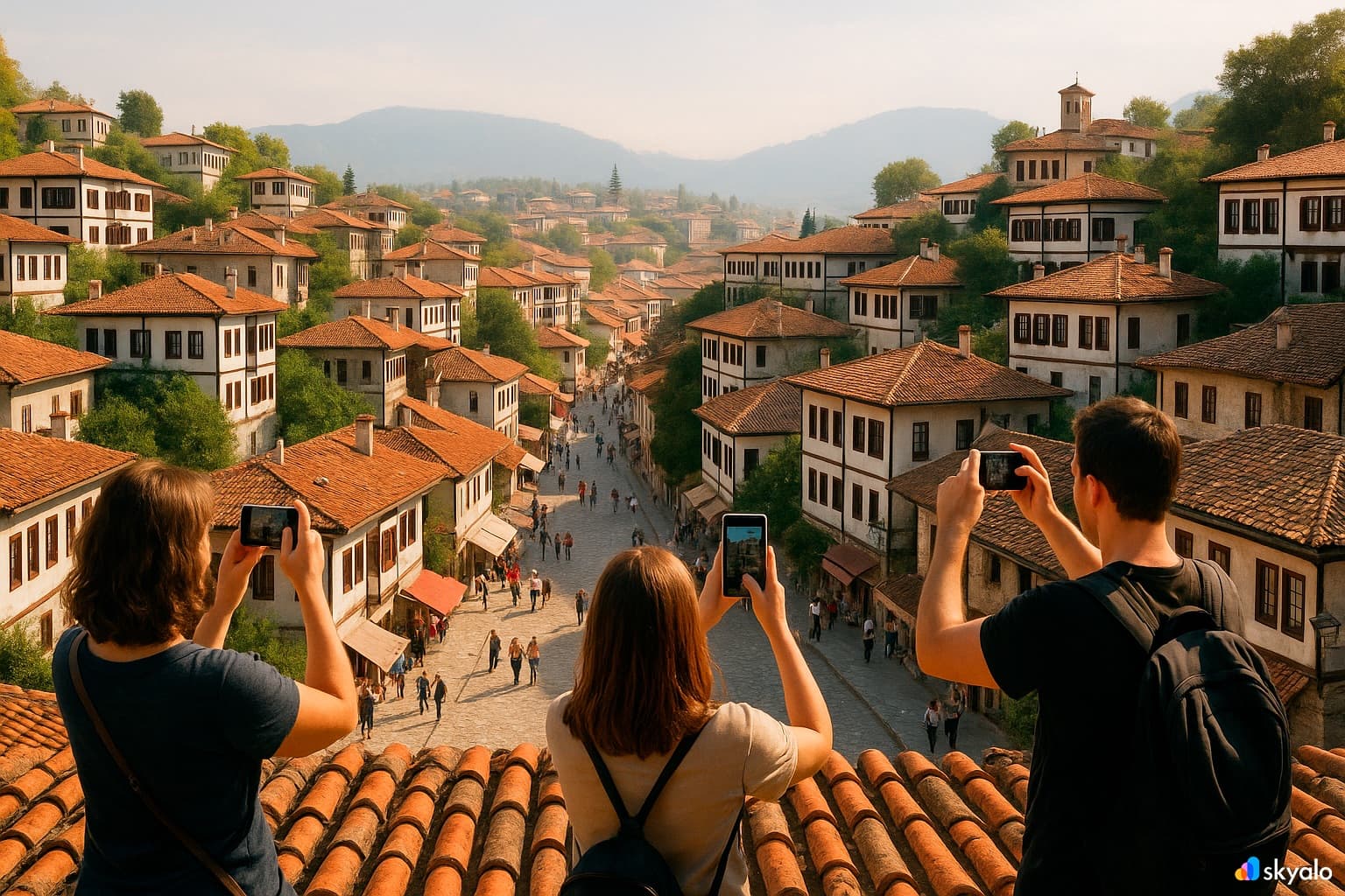 Tourists admiring the historic houses of Safranbolu — navigation is easy with Skyalo eSIM