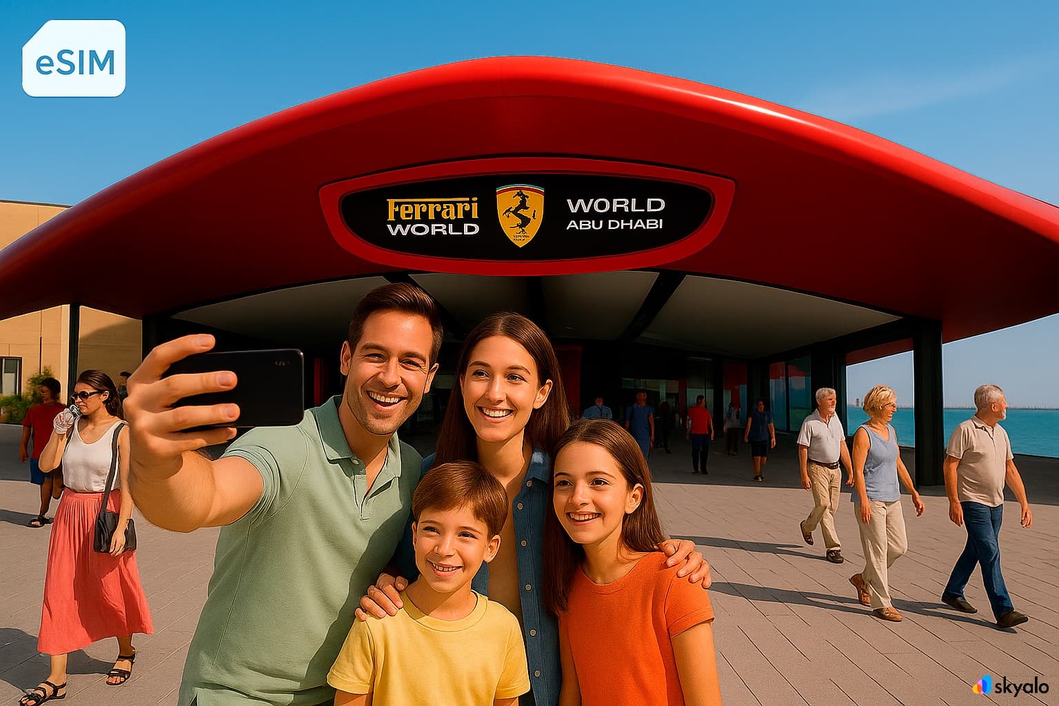 Connected by a Skyalo eSIM, a family video calls from Ferrari World