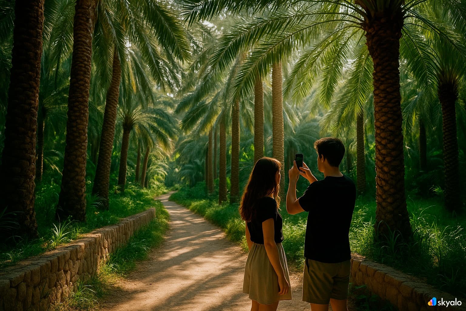 A couple strolls in the oasis — online via Skyalo eSIM