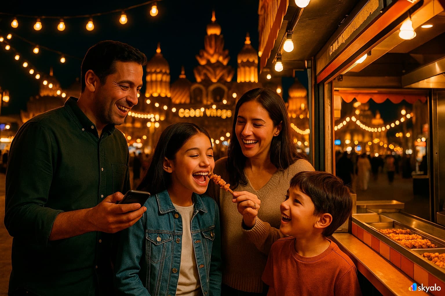 Family samples street food at Global Village