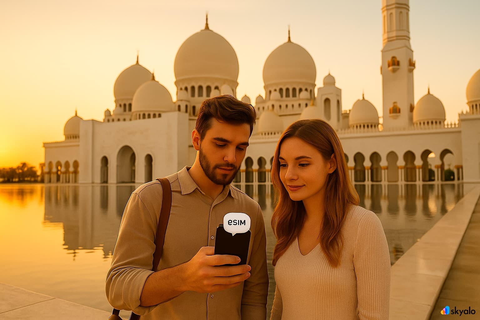 A couple checks the map by the mosque on a phone with Skyalo eSIM