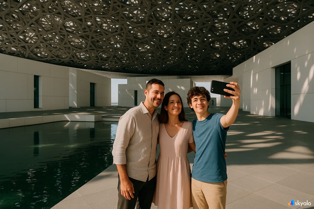 Familien tager billeder under kuplen i Louvre Abu Dhabi