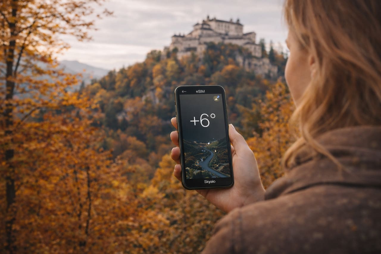 Controllo della temperatura presso la Fortezza di Hohensalzburg tramite smartphone con eSIM per viaggiare in Austria