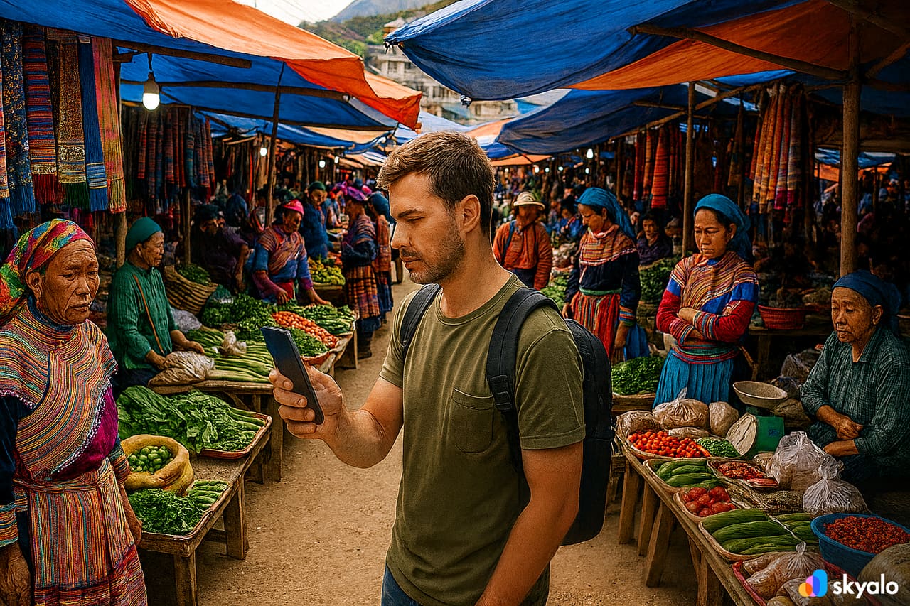Mercato di montagna di Bac Ha, viaggiatore con eSIM che condivide foto di tessuti colorati e souvenir