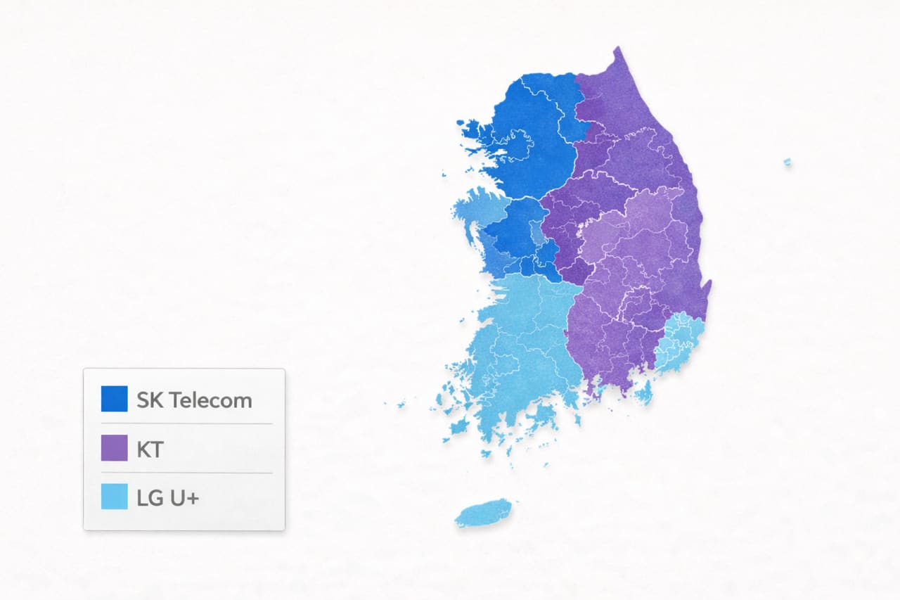 Карта покрытия мобильных операторов Южной Кореи с выделением зон SK Telecom, KT и LG U+ разными цветами