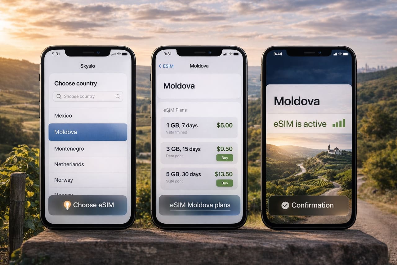 Три смартфона с пошаговым подключением eSIM для Молдовы: выбор страны, выбор тарифа и успешная активация мобильного интернета.