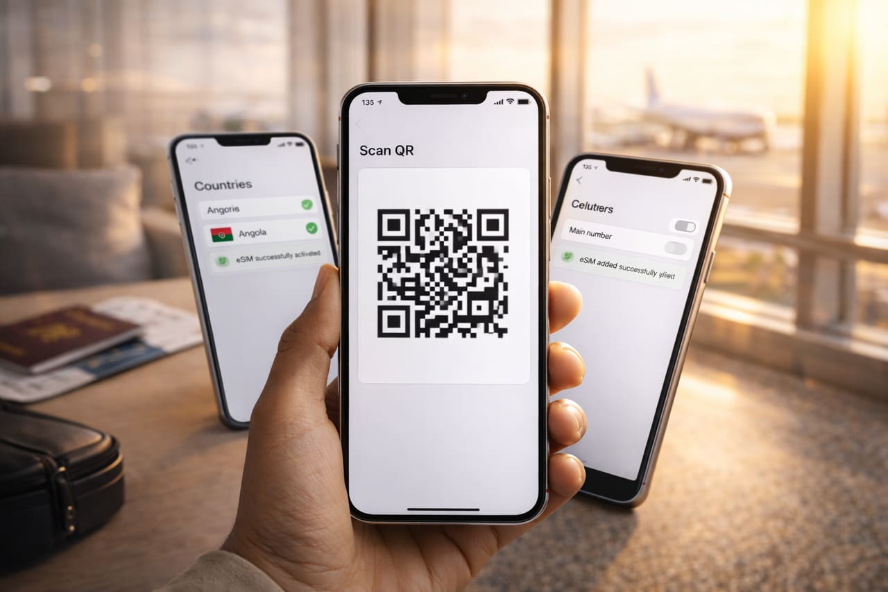 Tre smartphone con le fasi di attivazione eSIM in aeroporto