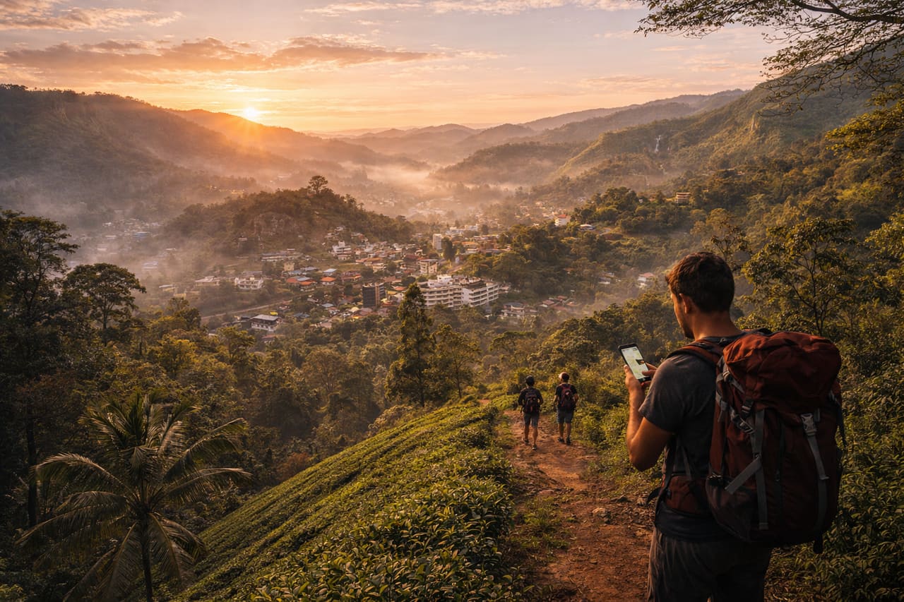 La città di montagna Ella tra piantagioni di tè e colline verdi dello Sri Lanka.