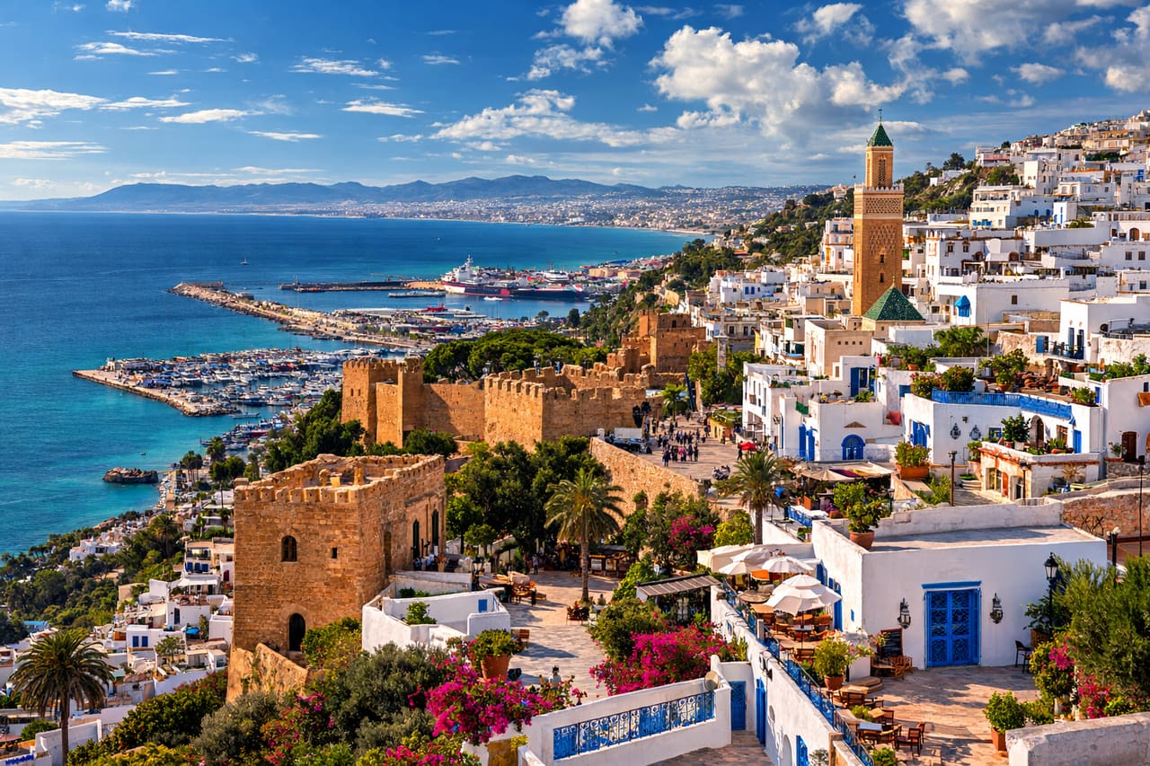 Panorama della città di Tangeri sulla costa del mar Mediterraneo.