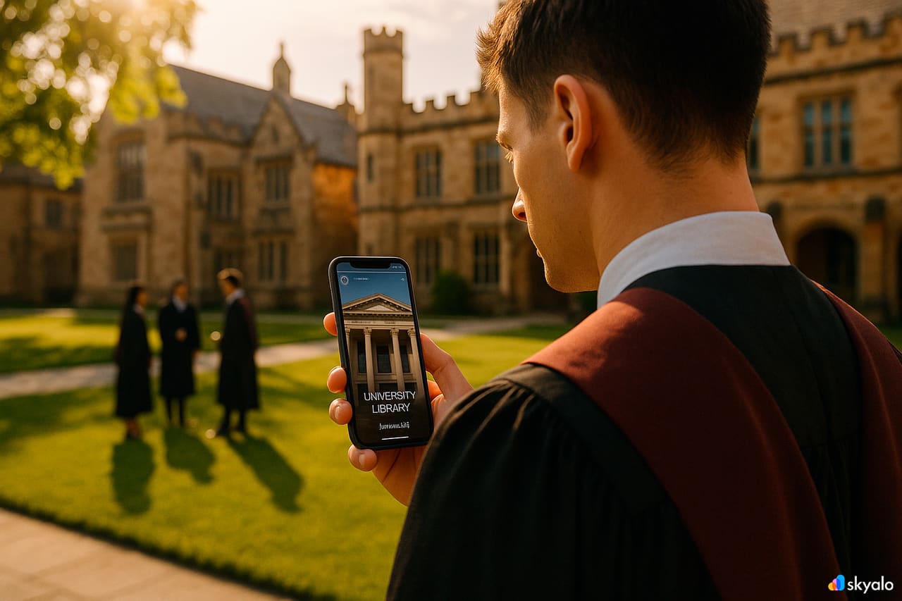 Studente che legge della biblioteca di Coimbra; online con eSIM Skyalo, arcate bianche e cielo estivo blu profondo