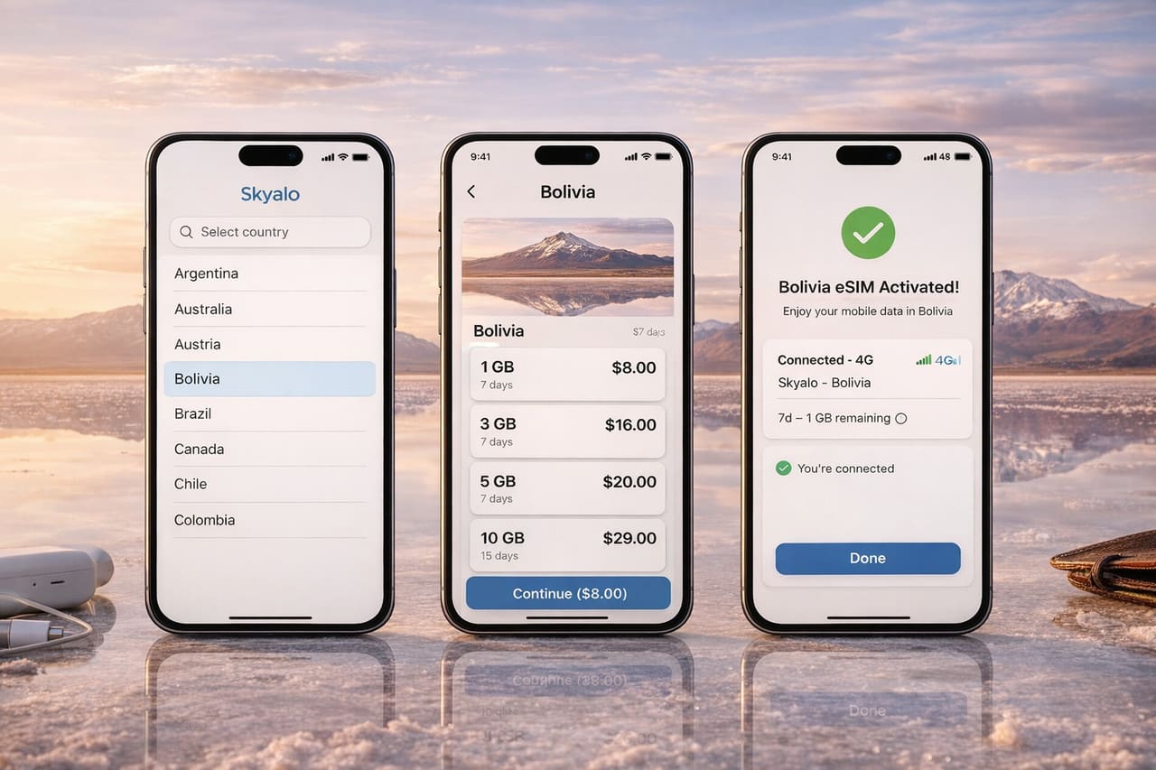 Три смартфона с пошаговым подключением eSIM для Боливии: выбор страны, выбор тарифа и успешная активация мобильного интернета.
