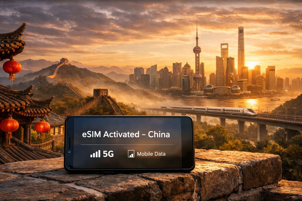 Viaggio in Cina con uno smartphone con eSIM attiva sullo sfondo della Grande Muraglia e dei grattacieli di Shanghai