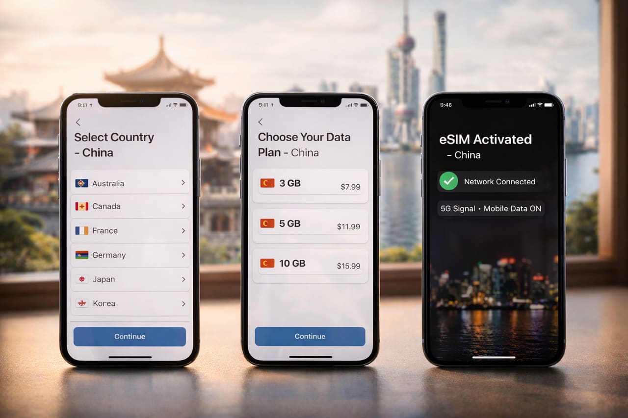 Attivazione eSIM per la Cina passo dopo passo sullo smartphone: scelta del Paese, del piano tariffario e attivazione riuscita.