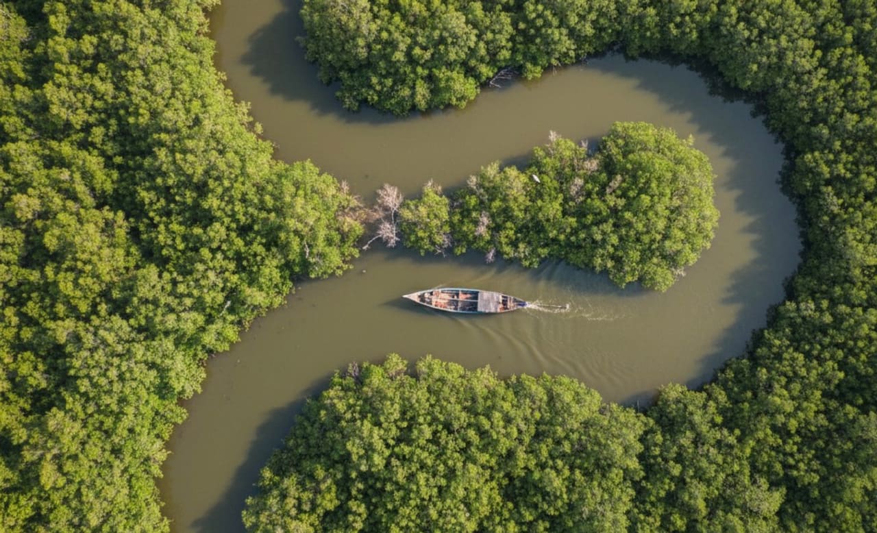 Мангровые леса Сундарбанс с узкими водными каналами и лодкой, проходящей среди густой растительности
